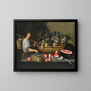 Pseudo Pietro Paolo Bonzi - A Still Life Of Grapes Melons And Pomegranates On A Stone Ledge With A Figure Carrying A Basket On The Left.webp