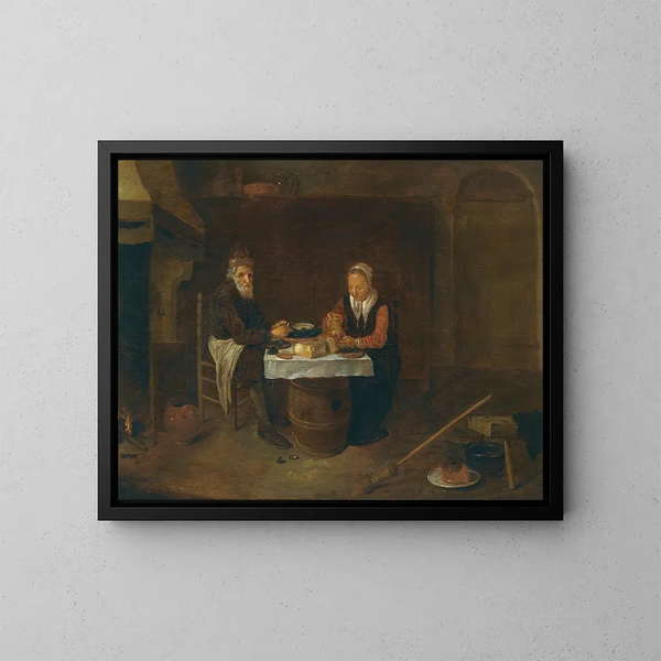Ein bescheidenes Interieur mit einem älteren Paar, das an einem Tisch sitzt und Muscheln und Brot isst - Quirijn van Brekelenkam — gerahmtes Bild an der Wand
