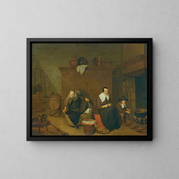 Ein Interieur mit einer Frau, die Rüben schält - Quirijn van Brekelenkam — gerahmtes Bild an der Wand