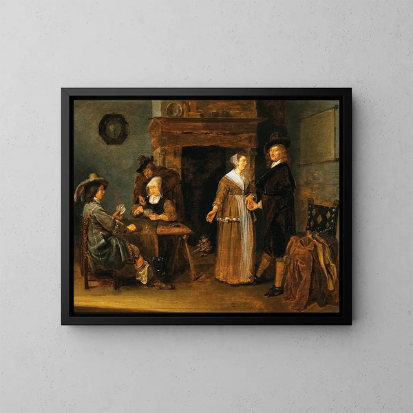 Gesellschaft, die Karten spielt - Quirijn van Brekelenkam — gerahmtes Bild an der Wand