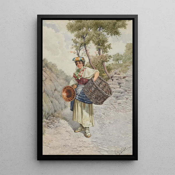 Young peasant girl on a rocky path - R. Gigli — framed artwork on a wall