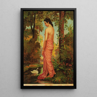 Raja Ravi Varma - Varini nymph by the river with a swan.webp