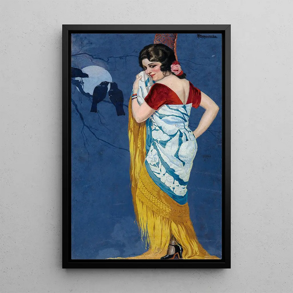 Young woman smiling in the moonlight - Ramon José Izquierdo y Garrido — framed artwork on a wall