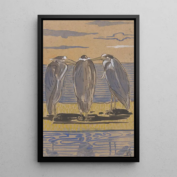 Three herons on a dyke - Reinier Willem Petrus de Vries — framed artwork on a wall