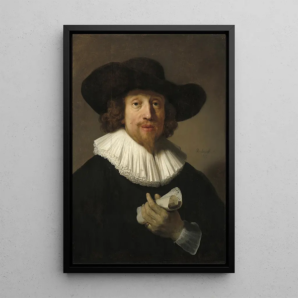 a Man with a Music Score - Rembrandt van Rijn — framed artwork on a wall