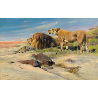 Reproduction Paire de lions dans la steppe - Wilhelm Kuhnert