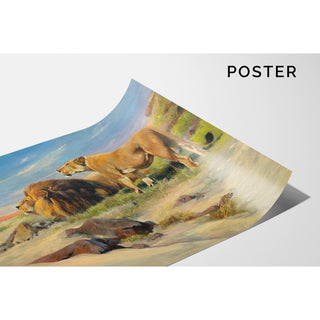 Reproduction Paire de lions dans la steppe - Wilhelm Kuhnert