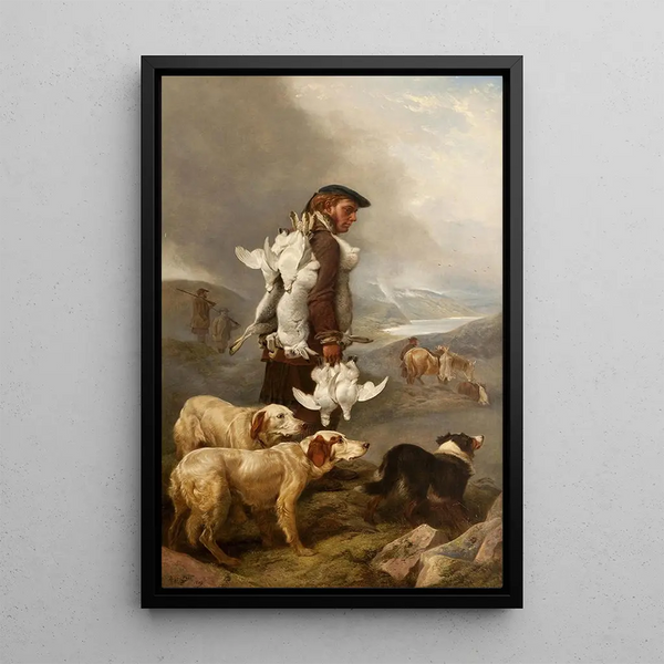 Winter Hunting Painting of Hares and Lagopus - Richard Ansdell — framed artwork on a wall