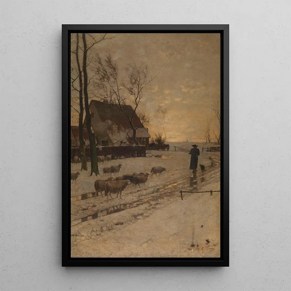 Winter landscape painting near Düsseldorf - Richard Burnier — framed artwork on a wall