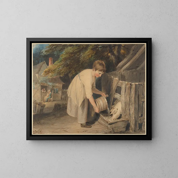 Mädchen, das Schweine füttert - Richard Westall — gerahmtes Bild an der Wand