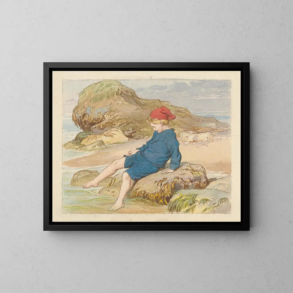 Junge, der am Meer spielt - Robert Barnes — gerahmtes Bild an der Wand