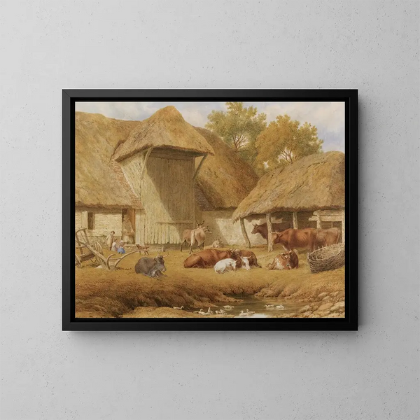 Bétail reposant près des bâtiments agricoles - Robert Hills — gerahmtes Bild an der Wand