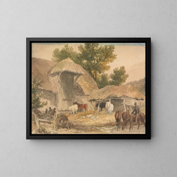 Bauernhof mit Pferden in Erwartung - Robert Hills — gerahmtes Bild an der Wand