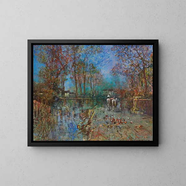 Paesaggio con gruppo di cavalli - Robert Russ — quadro incorniciato alla parete