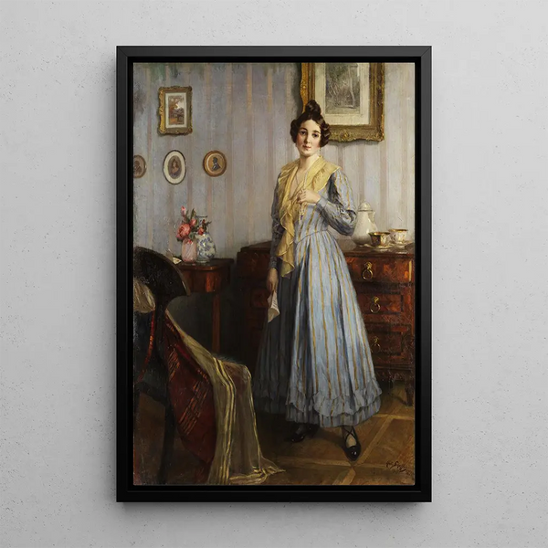 Young woman in a Biedermeier interior - Robert Scheffer — framed artwork on a wall