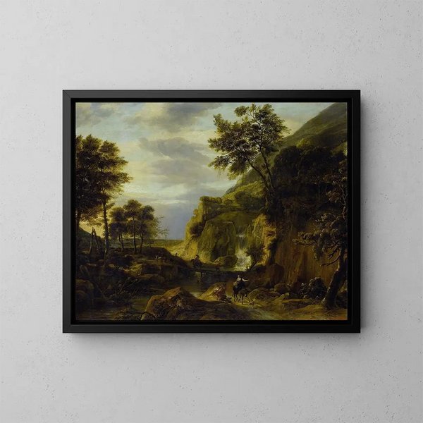 Landschaft mit Berg und Wasserfall - Roelant Roghman — gerahmtes Bild an der Wand