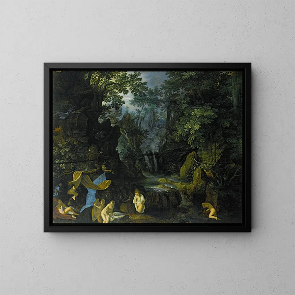 Ein Waldlandschaft mit badenden Nymphen und Leda und dem Schwan - Roelant Savery — gerahmtes Bild an der Wand