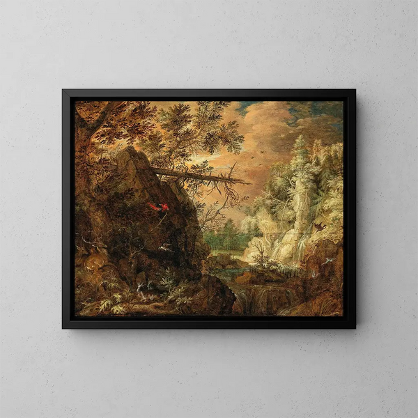 Ein bewaldetes Felsenlandschaft mit Wasserfall - Roelant Savery — gerahmtes Bild an der Wand