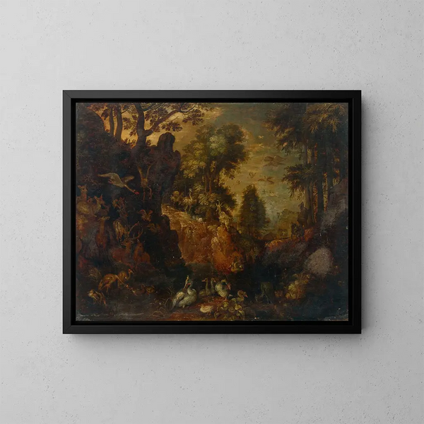 Ein bewaldetes Felsenlandschaft mit Vögeln, Hirschen und anderen Tieren - Roelant Savery — gerahmtes Bild an der Wand