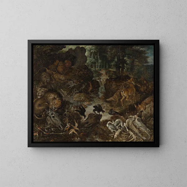 Löwen und Füchse in einer zerklüfteten Landschaft - Roelant Savery — gerahmtes Bild an der Wand