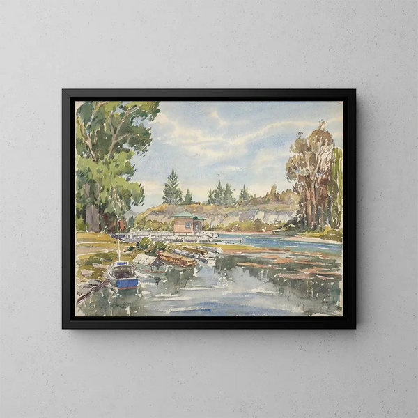 Ausfahrt aus dem Taupo-See - Roland Hipkins — gerahmtes Bild an der Wand