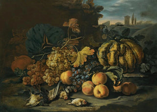 Roman School - A Still Life With Melons Apples Black And Green Grapes A Pomegranate And Birds On A Forest Floor A Landscape Beyond With A Town On The Horizon.webp