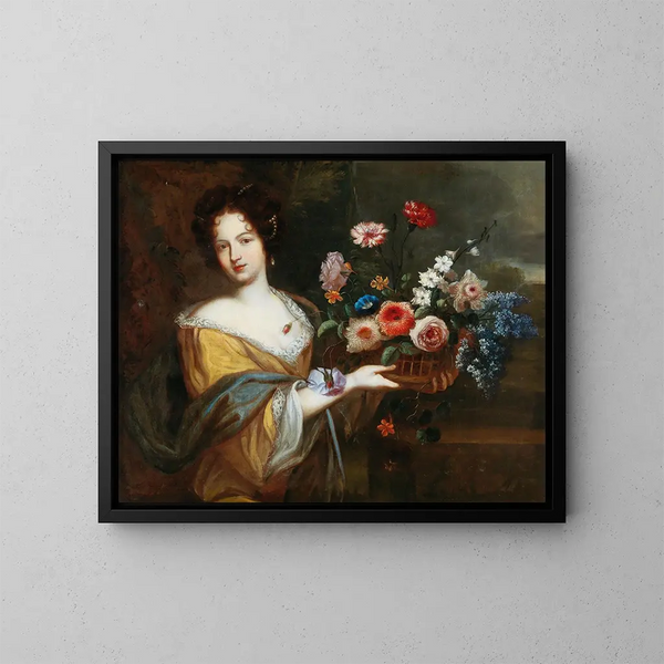 Una giovane donna con un cesto di fiori - Scuola di Roma — quadro incorniciato alla parete