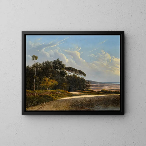 Una veduta della campagna romana con l'acquedotto di Claude - Scuola di Roma — quadro incorniciato alla parete
