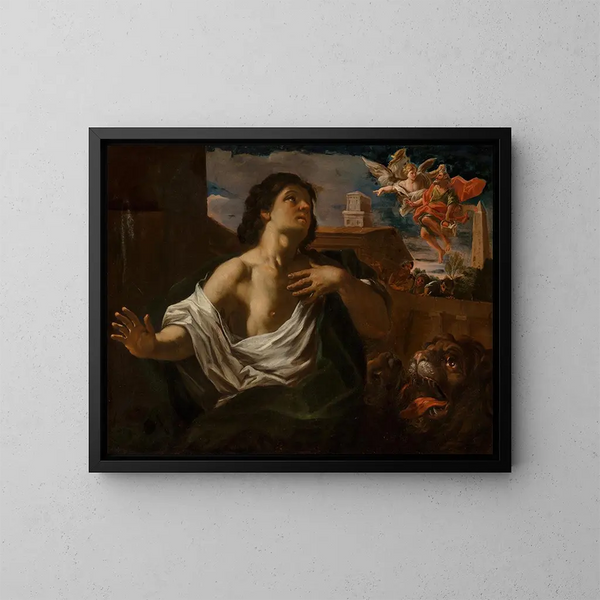 Daniel nella fossa dei leoni con un angelo che porta il profeta Abacuc - Scuola di Roma — quadro incorniciato alla parete