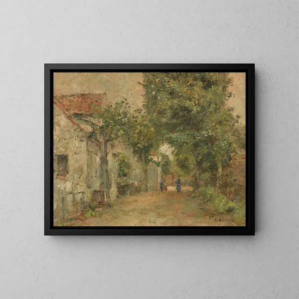 Frauen vor ländlichen Häusern - Rudolf Hückner — gerahmtes Bild an der Wand