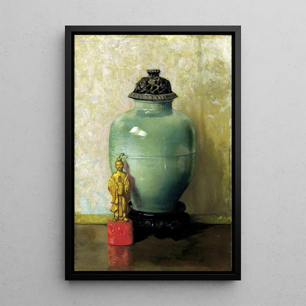 Green Chinese Pot Painting - Ruth Payne Burgess — framed artwork on a wall