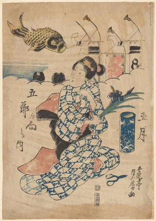 Sadafusa Utagawa - Woman Holding Iris seashore large fish in background.webp