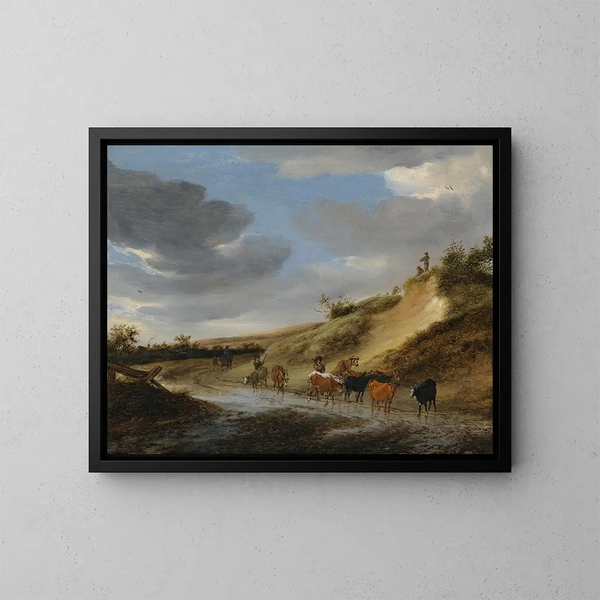 Un ampio paesaggio con bestiame e i loro pastori lungo una strada di campagna parzialmente allagata - Salomon van Ruysdael — quadro incorniciato alla parete