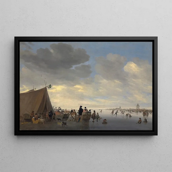 Salomon van Ruysdael - Skaters on the frozen river Lek the town of Vianen beyond.webp