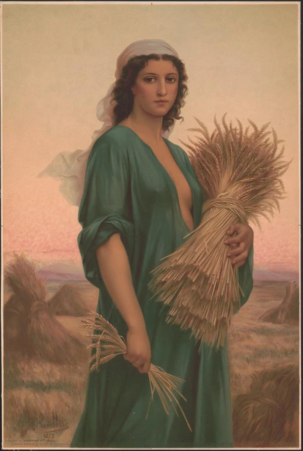 a woman holding a sheaf of wheat in a field - Sampson Low Co — framed artwork on a wall