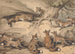 nine foxes gathered around a tree, an illustration of Aesop's fable The Fox Who Lost His Tail - Samuel Howitt — artwork view