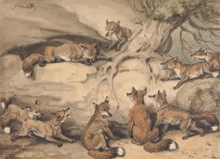 Samuel Howitt - Nine Foxes Gathered Around a Tree an Illustration of Aesops Fable The Fox who Lost His Tail.webp