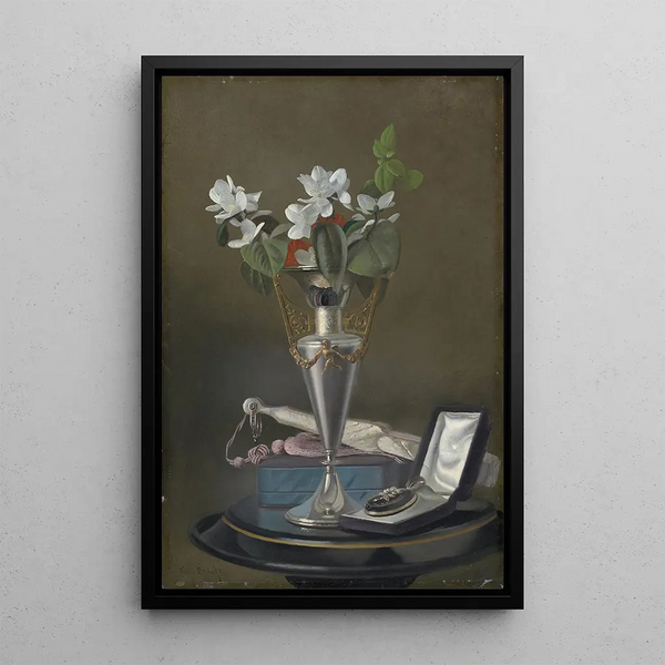 Still life with fan and pendant - Samuel Marsden Brookes — framed artwork on a wall