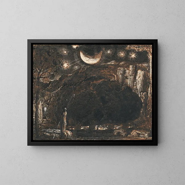 Un pastore e il suo gregge sotto la luna e le stelle - Samuel Palmer — quadro incorniciato alla parete