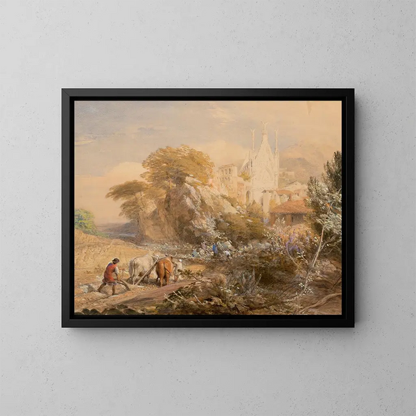 Campo di raccolta e monastero di La Vocatella vicino a Corpo di Cava - Samuel Palmer — quadro incorniciato alla parete