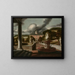 Ansicht einer Villa mit einer sitzenden Frau an einem Brunnen und einer Allee von Statuen - Samuel van Hoogstraten — gerahmtes Bild an der Wand