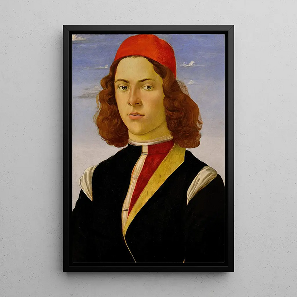 Portrait of a Young Man - Sandro Botticelli — framed artwork on a wall