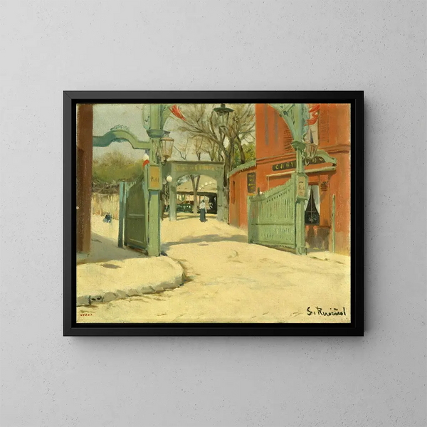 Eingang des Parks des Moulin de la Galette - Santiago Rusiñol — gerahmtes Bild an der Wand