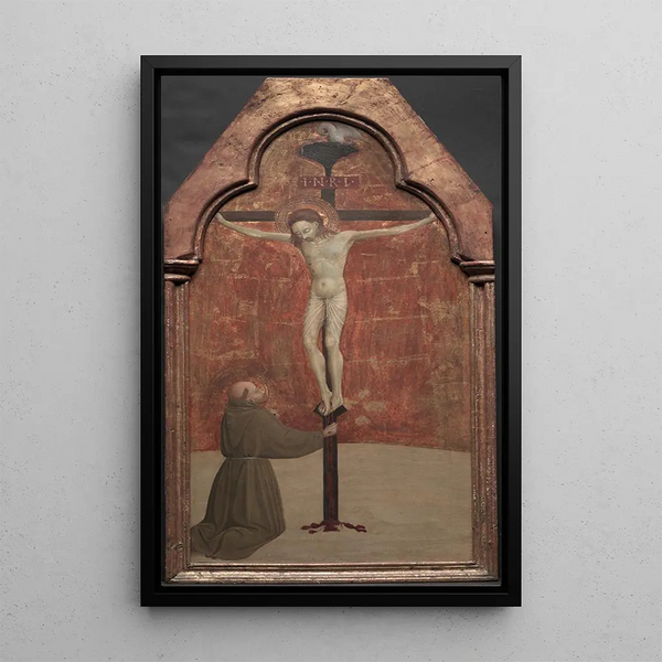 Saint François kneeling before Christ on the Cross - Sassetta — framed artwork on a wall