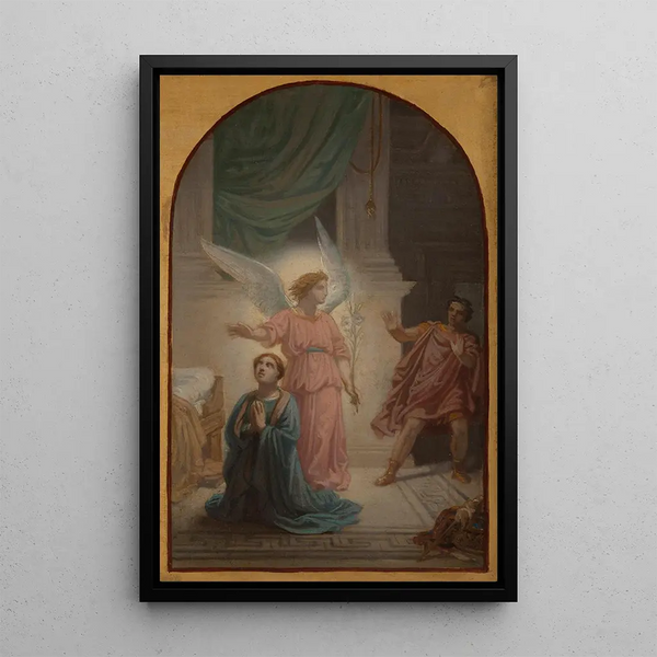 Maximian retreating at the sight of the angel protecting Saint Suzanne - Sébastien Norblin de la Gourdaine — framed artwork on a wall