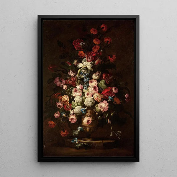 Bouquet floral élaboré dans un vase sur pied - Ecole de Bartolomeo Bimbi — framed artwork on a wall