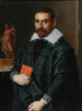 Ritratto di un gentiluomo a tre quarti che tiene un libro con una statua sullo sfondo - Scuola di Bergamo — vista dell’opera