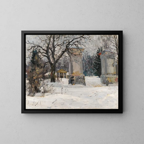 Eingang eines Anwesens im Winter - Sergei Arsenevich Vinogradov — gerahmtes Bild an der Wand