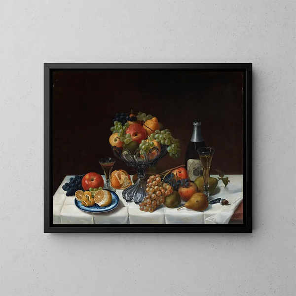 Stillleben mit Früchten und Champagnerflasche - Severin Roesen — gerahmtes Bild an der Wand