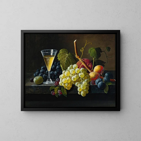 Naturmorte mit einem Glas Champagner - Severin Roesen — gerahmtes Bild an der Wand